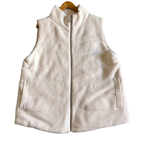 Chicos Women's Sz 10 Zip-Up Ribbed Vest White Quilted Puffer Pockets - Picture 1 of 10
